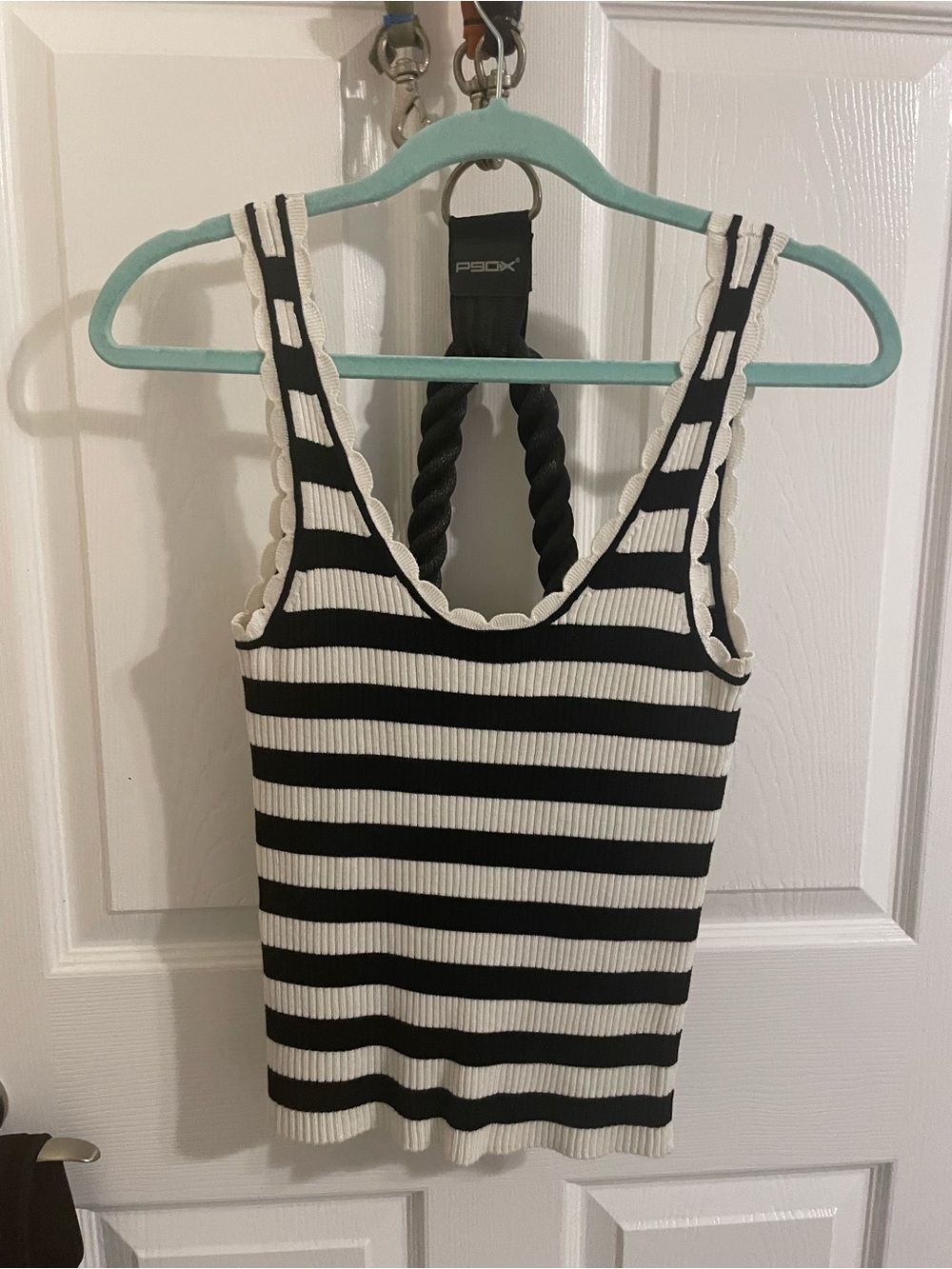 Mango Black and White Striped Ribbed Tank with Scallop Trim